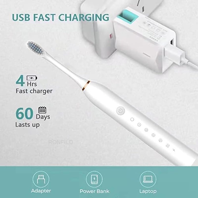 Electric Toothbrush Rechargeable Ideal for Adults, 6 Optional Modes Fast Charging Electric Ultrasonic Toothbrush with 2 min Build in Timer & 4 Replacement Brush Heads (Multi, pack of 1) - Image 3