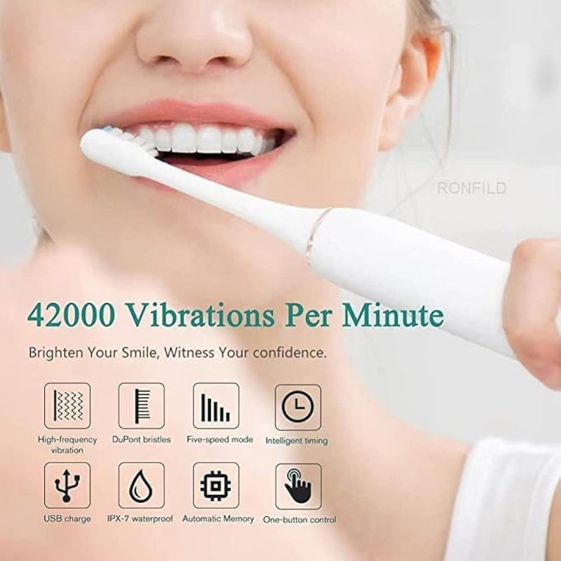 Electric Toothbrush Rechargeable Ideal for Adults, 6 Optional Modes Fast Charging Electric Ultrasonic Toothbrush with 2 min Build in Timer & 4 Replacement Brush Heads (Multi, pack of 1) - Image 2