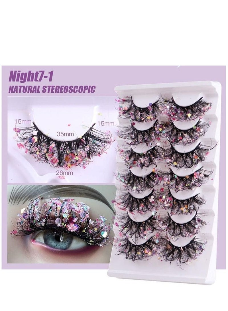 KASTWAVE 7 Pairs Night Luminous Glitter False Eyelashes Wispy Faux Mink Lashes Colored Eyelashes Dramatic Lashes for Party Stage Cosplay - Image 3
