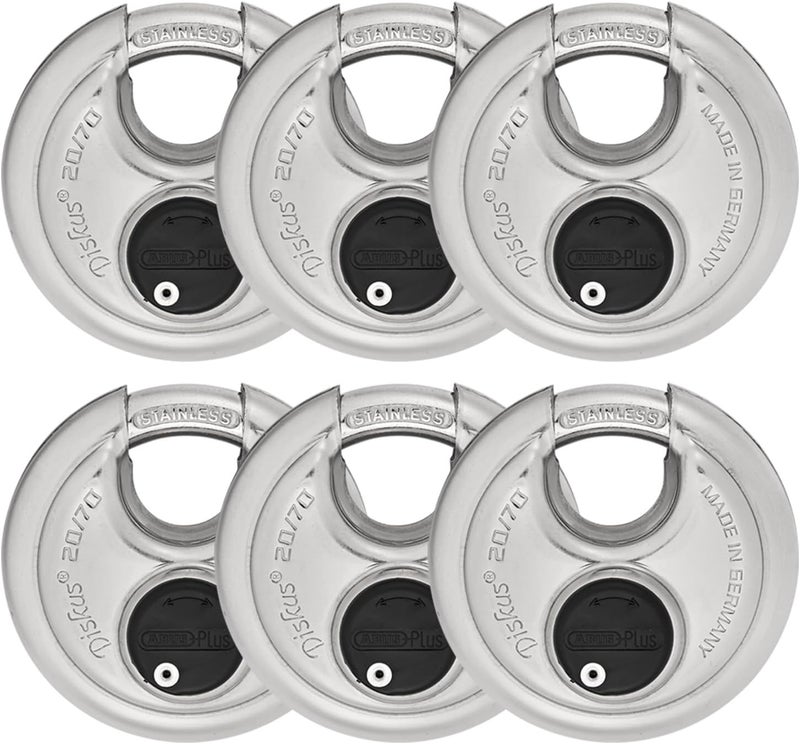 Abus 20/70 6 Pack Heavy Duty Diskus Storage Padlock with 2 Keys for Storage, Outdoor, Commercial, 2.75in (70mm) Wide, Keyed Alike 323614 - Image 1