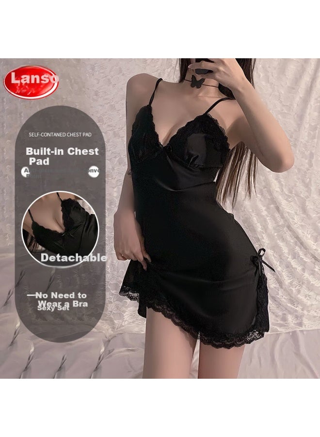 LANG SHA Langsha Sling Nightdress Women's Ice Silk With Chest Pad Home Wear Lace High-end Split Sleepwear Women - Image 1