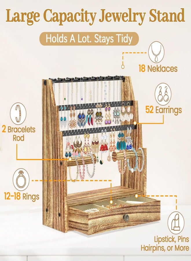 MODOWEY Jewelry Stand Necklace Earring Holder Organizer, Tiered Countertop Jewellery Tree with Ring Drawer, Wooden Bracelet Display Rack for Women Vendors, Organize 120+ Pieces Neatly & Within Reach - Image 2