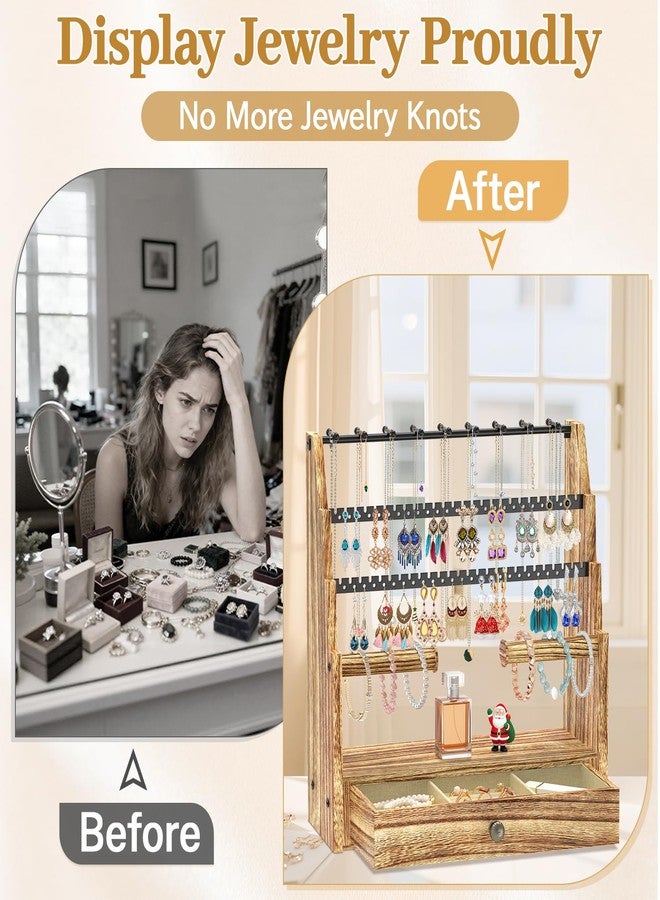 MODOWEY Jewelry Stand Necklace Earring Holder Organizer, Tiered Countertop Jewellery Tree with Ring Drawer, Wooden Bracelet Display Rack for Women Vendors, Organize 120+ Pieces Neatly & Within Reach - Image 4