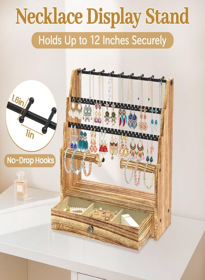 MODOWEY Jewelry Stand Necklace Earring Holder Organizer, Tiered Countertop Jewellery Tree with Ring Drawer, Wooden Bracelet Display Rack for Women Vendors, Organize 120+ Pieces Neatly & Within Reach - Image 3