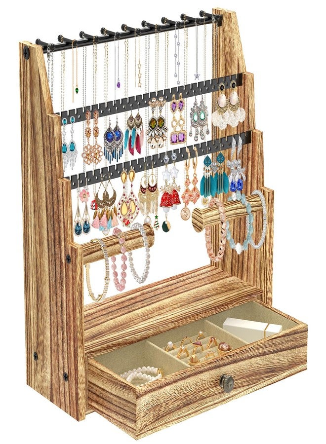 MODOWEY Jewelry Stand Necklace Earring Holder Organizer, Tiered Countertop Jewellery Tree with Ring Drawer, Wooden Bracelet Display Rack for Women Vendors, Organize 120+ Pieces Neatly & Within Reach - Image 1