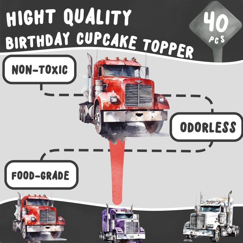 HaPiBiDesign 40 Pcs Semi Truck Cupcake Toppers - Semi Truck Party Decorations and Semi Truck Party Cupcake Toppers - Perfect for Semi Truck Birthday Cupcake Toppers  Trucking Baby Shower and Semi Truck Cake Decor - Image 4