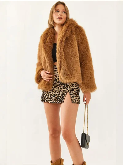 Bianco Lucci Faux Fur Cropped Open Collar Coat