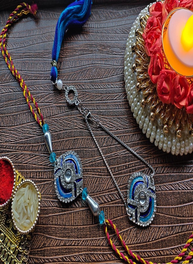 Mahi Bhaiya Bhabhi Rakhi Set Evil Eye Meenakari Work Rakhi for Brother and Bhabhi - Bracelet Style Lumba with Roli Chawal - RCOL1105342M - Image 3