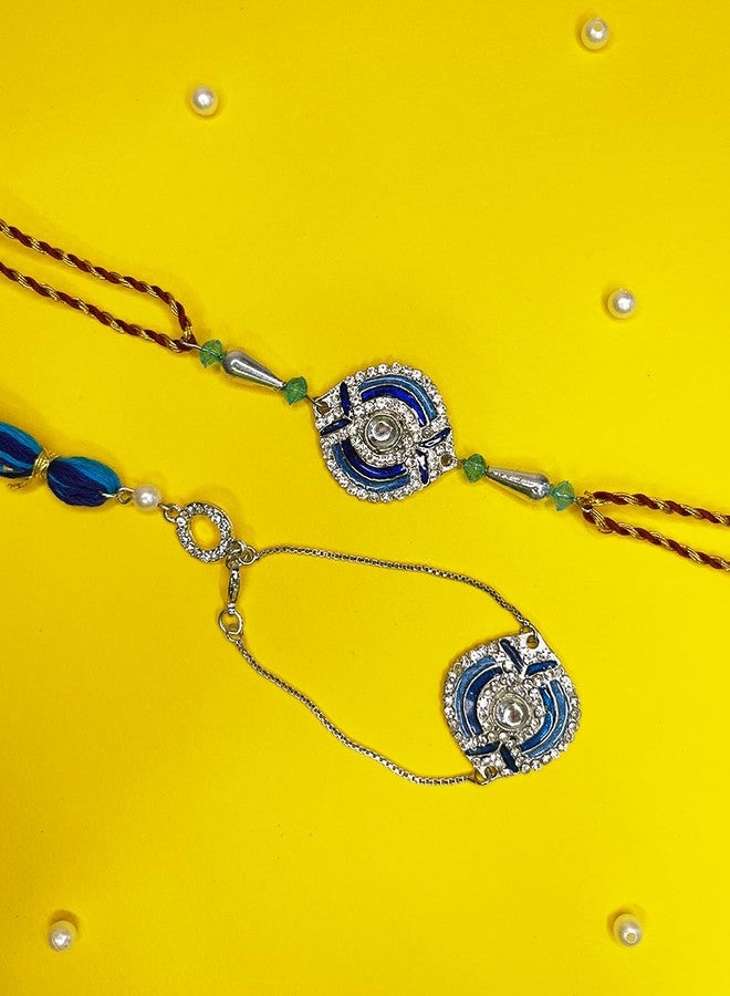 Mahi Bhaiya Bhabhi Rakhi Set Evil Eye Meenakari Work Rakhi for Brother and Bhabhi - Bracelet Style Lumba with Roli Chawal - RCOL1105342M - Image 5
