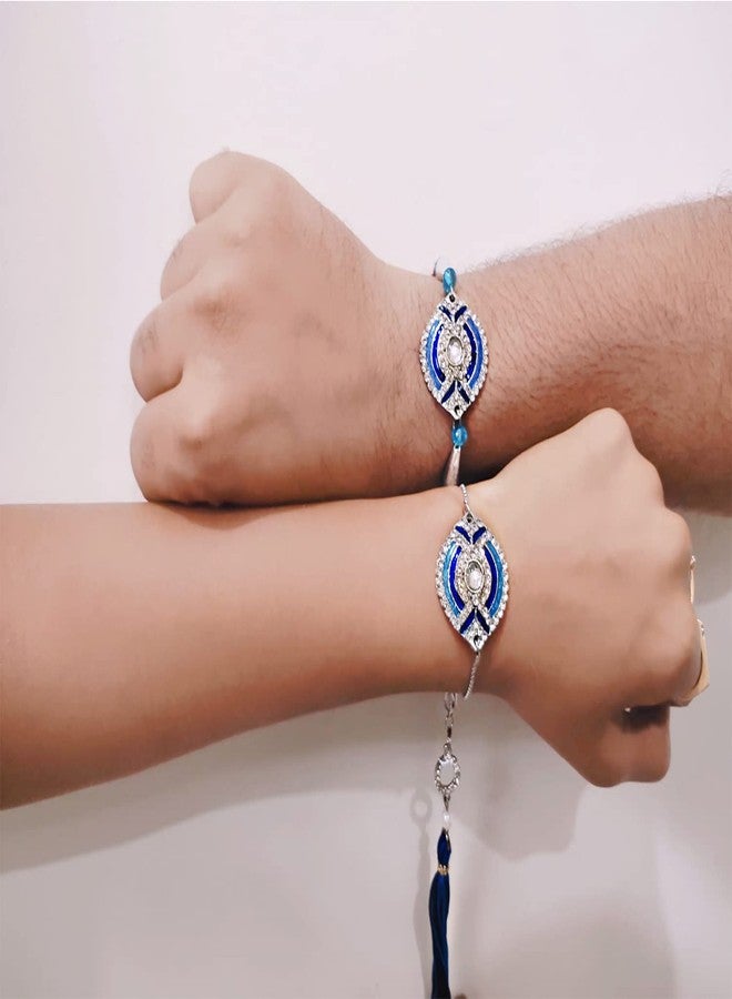 Mahi Bhaiya Bhabhi Rakhi Set Evil Eye Meenakari Work Rakhi for Brother and Bhabhi - Bracelet Style Lumba with Roli Chawal - RCOL1105342M - Image 2