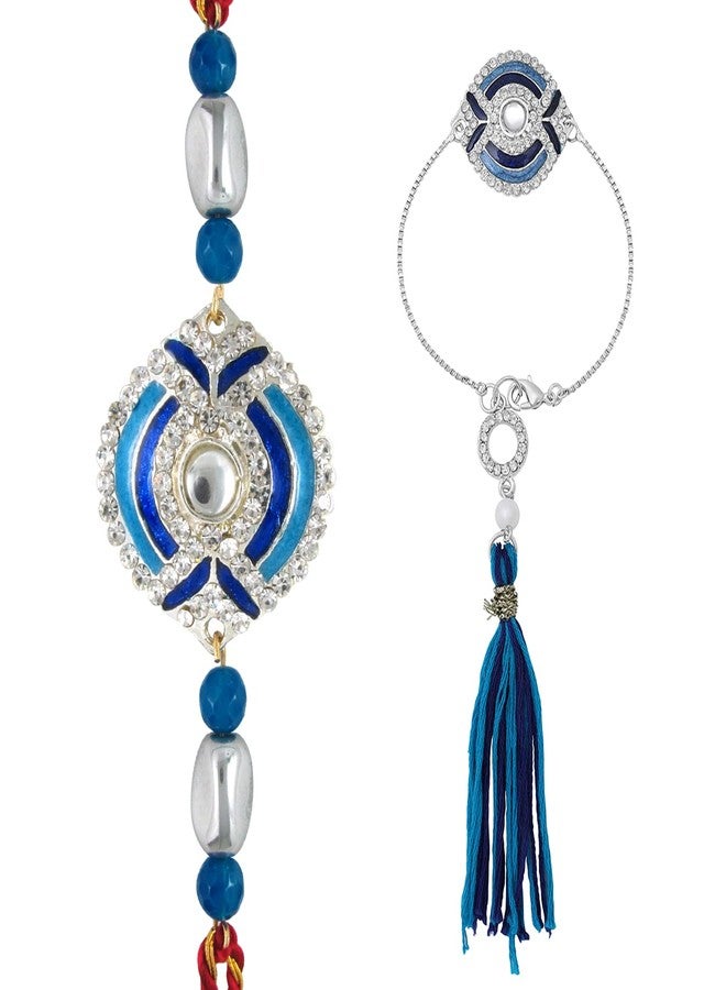 Mahi Bhaiya Bhabhi Rakhi Set Evil Eye Meenakari Work Rakhi for Brother and Bhabhi - Bracelet Style Lumba with Roli Chawal - RCOL1105342M - Image 1
