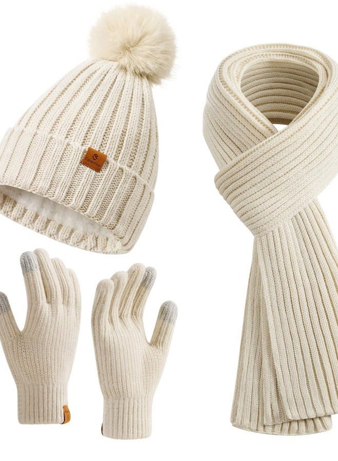 Coolprince Winter Beanie Hat Scarf Gloves Set for Women with Fleece Lined Womens Beanie with Pom Pom Long Scarf Neck Warmer Touchscreen Gloves for Women Men Oatmeal - Image 1