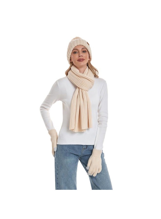 Coolprince Winter Beanie Hat Scarf Gloves Set for Women with Fleece Lined Womens Beanie with Pom Pom Long Scarf Neck Warmer Touchscreen Gloves for Women Men Oatmeal - Image 5