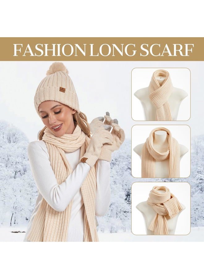 Coolprince Winter Beanie Hat Scarf Gloves Set for Women with Fleece Lined Womens Beanie with Pom Pom Long Scarf Neck Warmer Touchscreen Gloves for Women Men Oatmeal - Image 4