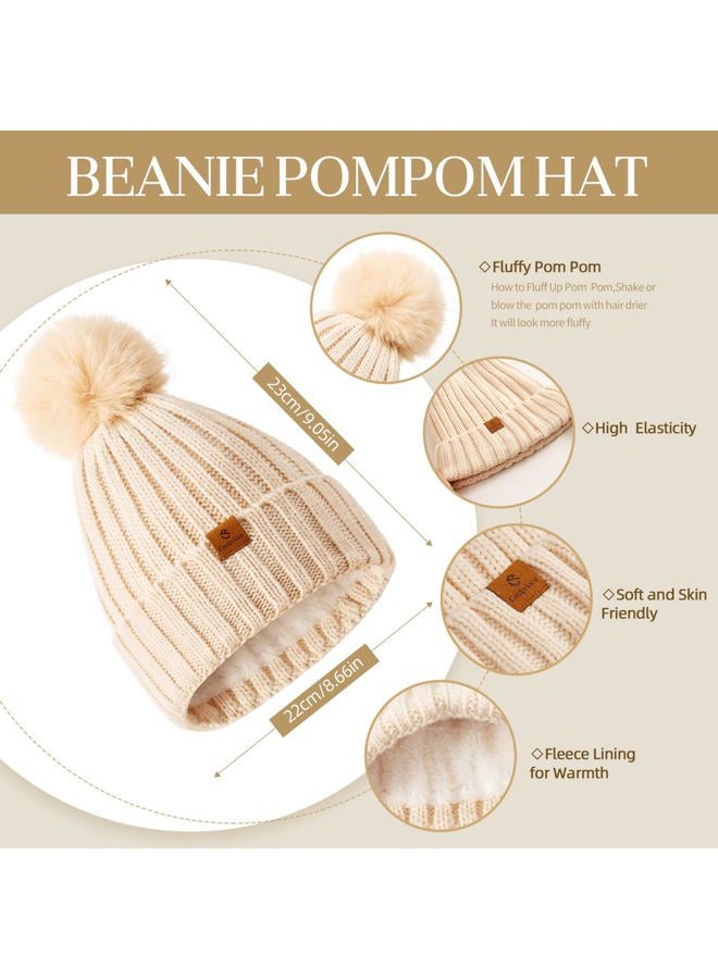 Coolprince Winter Beanie Hat Scarf Gloves Set for Women with Fleece Lined Womens Beanie with Pom Pom Long Scarf Neck Warmer Touchscreen Gloves for Women Men Oatmeal - Image 2