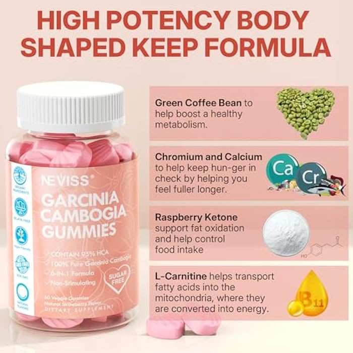 NEVISS Sugar Free Garcinia Cambogia Gummies 1000mg 95% HCA Pure Extract with L-Carnitine, Raspberry Ketone, Chromium, Green Coffee Bean for Metabolism, 100% Organic Extract, Vegan, Strawberry Flavor 60 Cts - Image 5