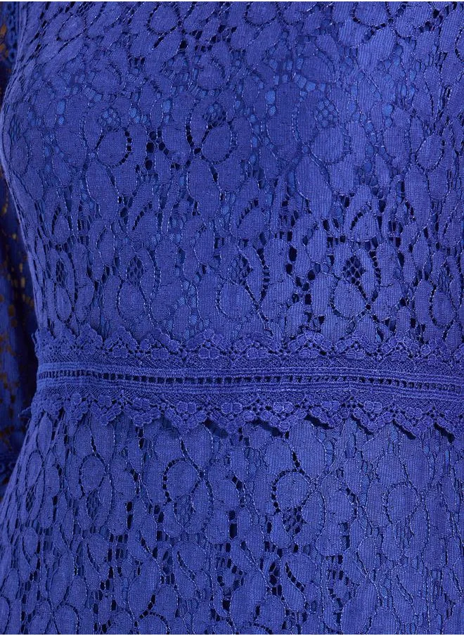 Styli Lace Detail High Neck Asymmetric Hem Midi Dress