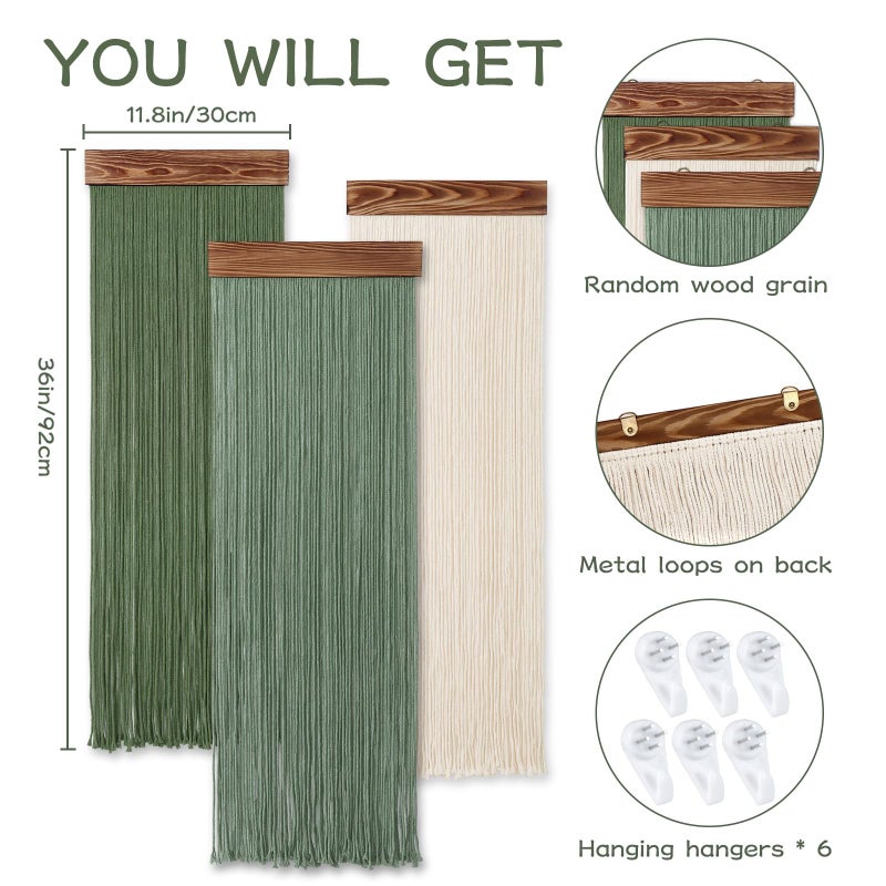 KHOYIME Macrame Wall Hanging Boho Chic Home Decor, 3PCS Bohemian Green Beige Tassel Yarn Tapestry Modern Handmade Large Wall Art Decorations for Living Room Bedroom Nursery Backdrop 11.8''W x 36''L - Image 2