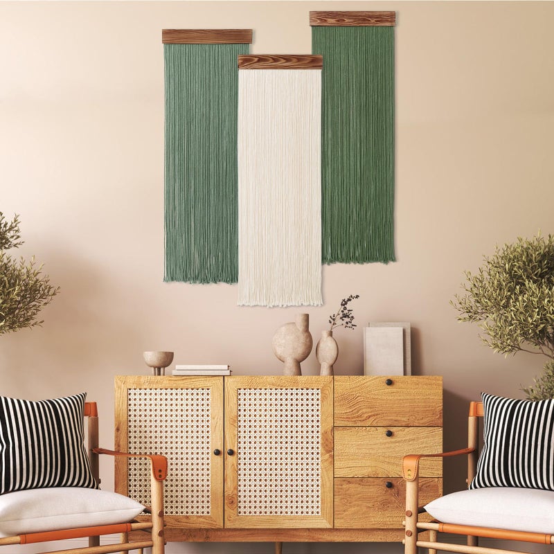 KHOYIME Macrame Wall Hanging Boho Chic Home Decor, 3PCS Bohemian Green Beige Tassel Yarn Tapestry Modern Handmade Large Wall Art Decorations for Living Room Bedroom Nursery Backdrop 11.8''W x 36''L - Image 5