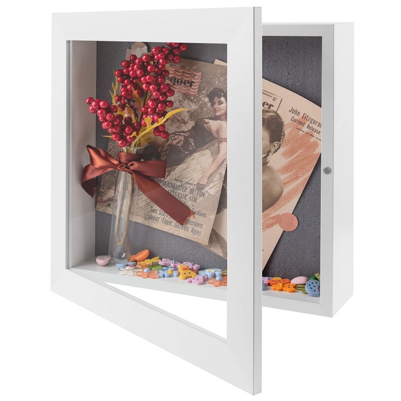 Frametory 11x11 Shadow Box Frame  Front Opening  2 inch Depth Display Box for Wall and Tabletop Display Memory Box 6 Pins Included 11x11 White
