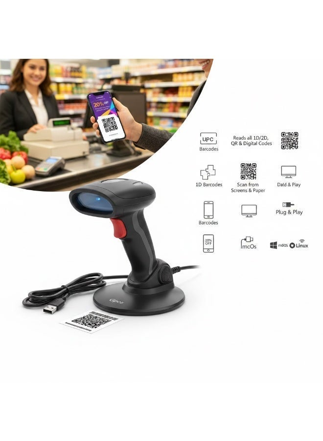 Gpos L500 2D Wired Barcode Scanner with Adjustable Stand - High-Speed QR, PDF417, and 1D Digital Code Reader - USB Plug & Play for POS, Retail, and Inventory. - Image 2