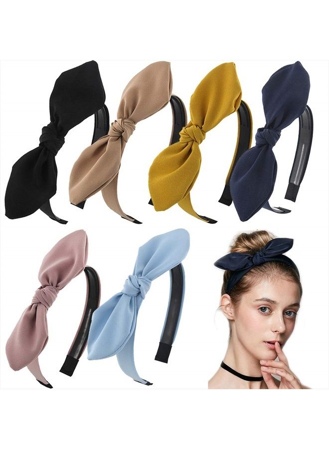 Carede Solid Bow Headbands for Women Twist Knot Headbands Wired Rabbit ears Plastic Headbands with Teeth Elastic Cloth Bowknot Headwrap Hair Accessory,Pack of 6 - Image 1