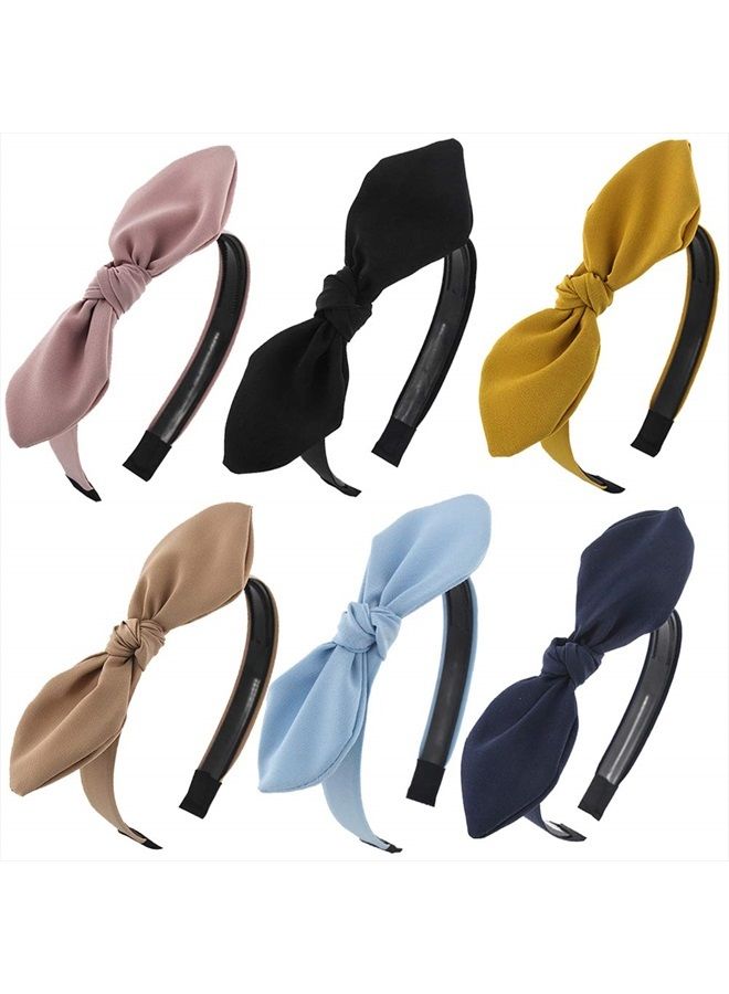 Carede Solid Bow Headbands for Women Twist Knot Headbands Wired Rabbit ears Plastic Headbands with Teeth Elastic Cloth Bowknot Headwrap Hair Accessory,Pack of 6 - Image 3