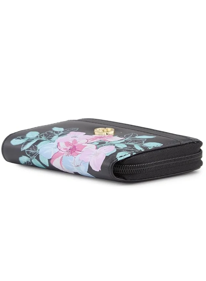 CAPRESE Caprese Shanaya Zip Around Wallet for Women| Small, Black | Multiple Card Slots with Stylish Print | Perfect for Carrying Daily Essentials