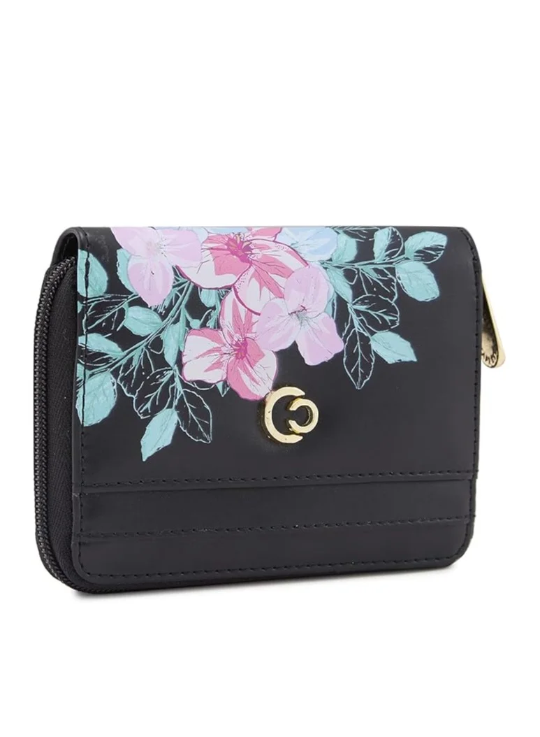 CAPRESE Caprese Shanaya Zip Around Wallet for Women| Small, Black | Multiple Card Slots with Stylish Print | Perfect for Carrying Daily Essentials
