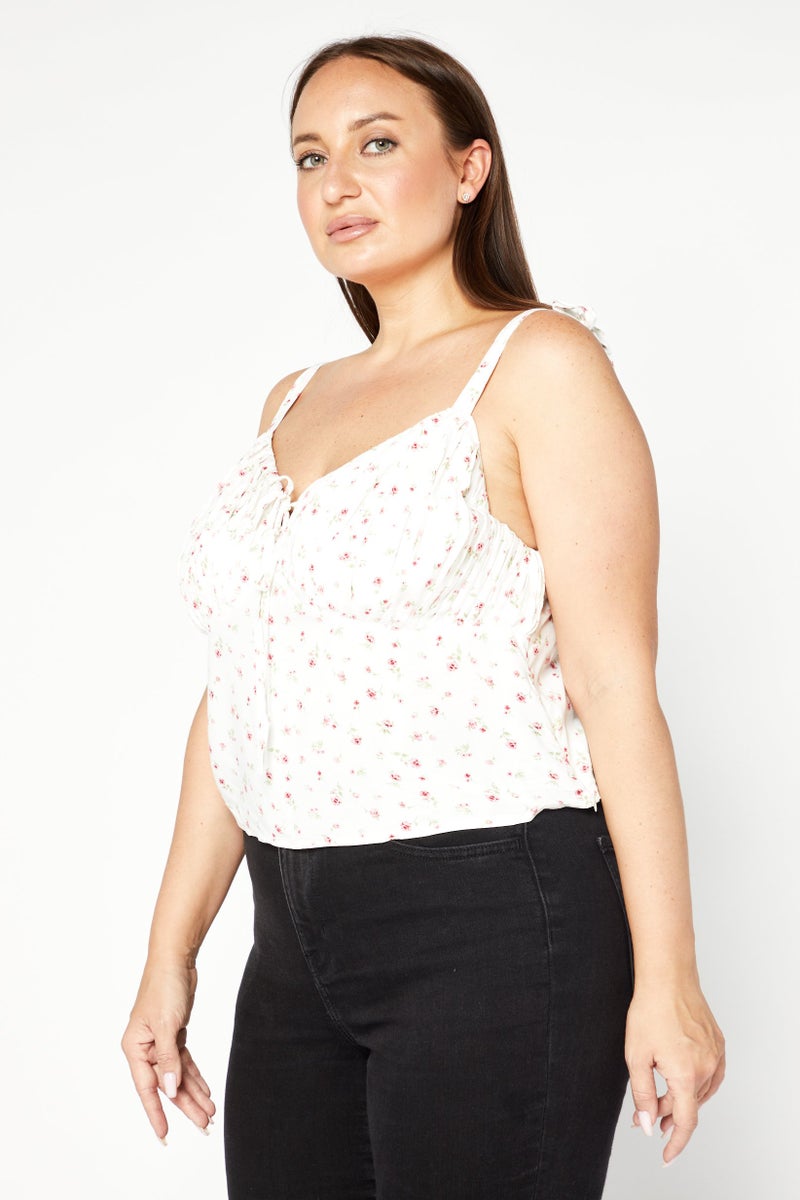 FOREVER 21 Women Plus Size Tie Neck Sleeveless Allover Print Top, White Combo - Image 3