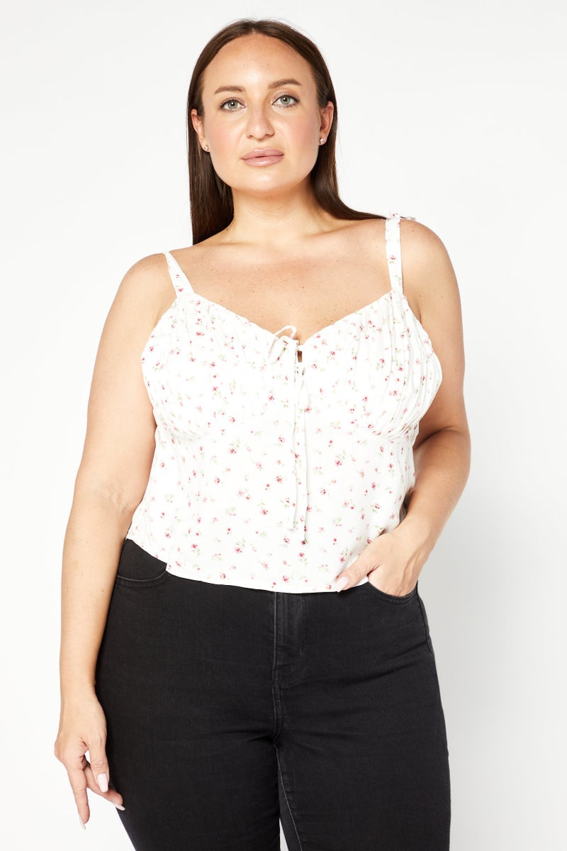 FOREVER 21 Women Plus Size Tie Neck Sleeveless Allover Print Top, White Combo - Image 1
