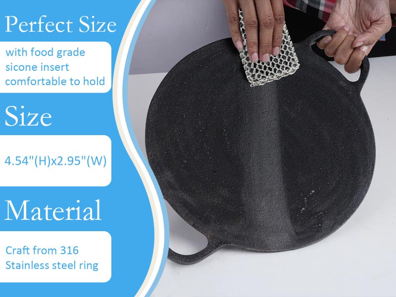 Herda Chain Mail Cast Iron Cleaner Scrubber,316 Chainmail Pan Scrubber Metal Cleaning Brush, Pad, Sponge Scraper to Clean Skillet,Dutch Oven, Wok,Grill Griddle,Chain Link Scrub Brush Pot Care Kit - Image 3