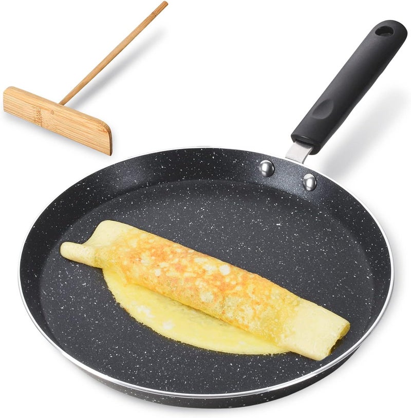 Buecmue 10.5 Inch Nonstick Crepe Pan with Spreader, Granite Coating Skillet Pan for Roti Egg Omelet Tortilla Tawa Dosa, Flat Frying Pan, Induction Compatible PFOA & PTFEs Free - Image 1