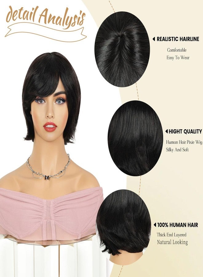 MIMAN 8 Inch Chin Length Bob Wigs for Black Women Human Hair Glueless Wig Short Black Layered Wavy Pixie Wigs with Bangs Natural Black Hair Replacement Wig - Image 4