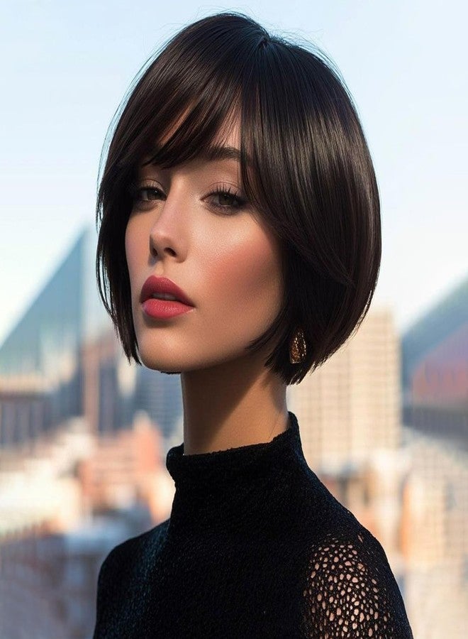 MIMAN 8 Inch Chin Length Bob Wigs for Black Women Human Hair Glueless Wig Short Black Layered Wavy Pixie Wigs with Bangs Natural Black Hair Replacement Wig - Image 1