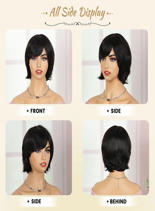 MIMAN 8 Inch Chin Length Bob Wigs for Black Women Human Hair Glueless Wig Short Black Layered Wavy Pixie Wigs with Bangs Natural Black Hair Replacement Wig - Image 3