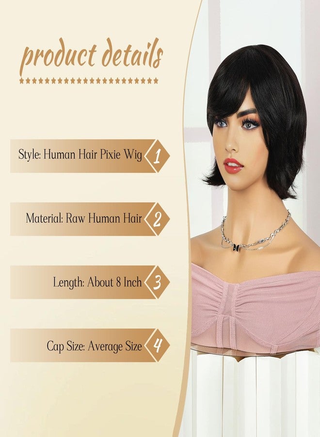 MIMAN 8 Inch Chin Length Bob Wigs for Black Women Human Hair Glueless Wig Short Black Layered Wavy Pixie Wigs with Bangs Natural Black Hair Replacement Wig - Image 2