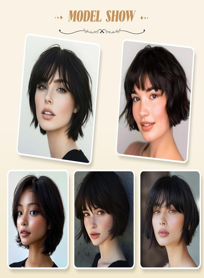 MIMAN 8 Inch Chin Length Bob Wigs for Black Women Human Hair Glueless Wig Short Black Layered Wavy Pixie Wigs with Bangs Natural Black Hair Replacement Wig - Image 5