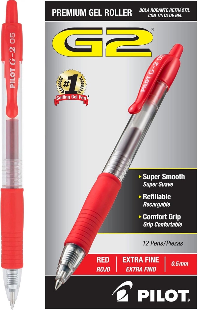 PILOT , G2 Premium Gel Roller Pens, Extra Fine Point 0.5 mm, Pack of 12, Red - Image 1
