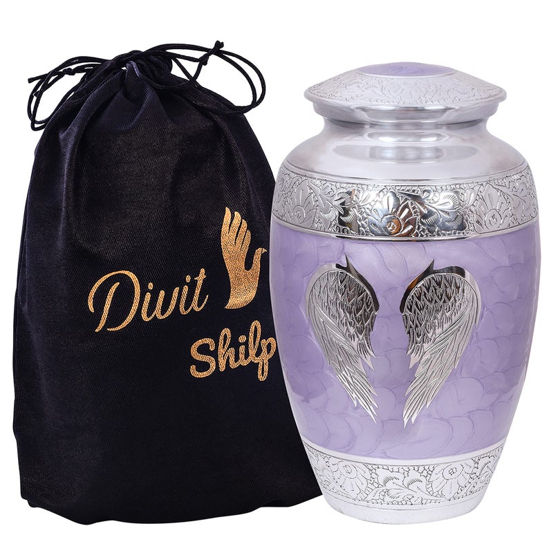 Divit Shilp Cremation Urn for Human Ashes with Satin Bag for Adults up to 200 lbs Large Handcrafted Funeral Urns Lilac Angel Wings Adult