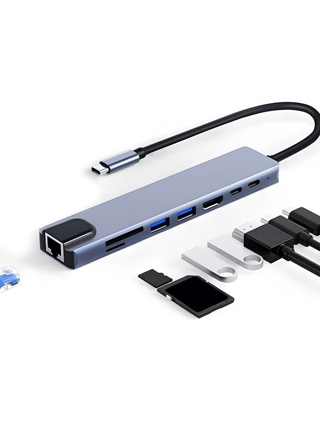 ماركة غير محددة - محول USB C HUB، محول USB C 8 في 1 مزود بمحول USB C بدقة 4K HDTV، و100 واط PD، ومنفذ USB C، وUSB 3.0، وRJ45 Ethernet، وقارئ بطاقات SD/TF، وقاعدة إرساء متوافقة مع أجهزة الكمبيوتر المحمول MacBook Pro/Air USB C وغيرها من الأجهزة من النوع C - Image 1
