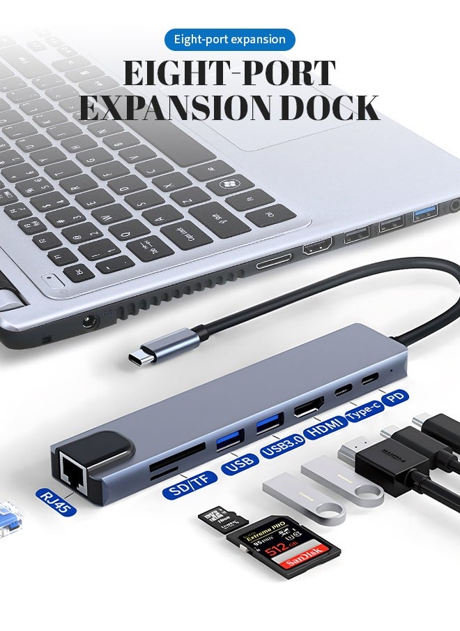 ماركة غير محددة - محول USB C HUB، محول USB C 8 في 1 مزود بمحول USB C بدقة 4K HDTV، و100 واط PD، ومنفذ USB C، وUSB 3.0، وRJ45 Ethernet، وقارئ بطاقات SD/TF، وقاعدة إرساء متوافقة مع أجهزة الكمبيوتر المحمول MacBook Pro/Air USB C وغيرها من الأجهزة من النوع C - Image 1