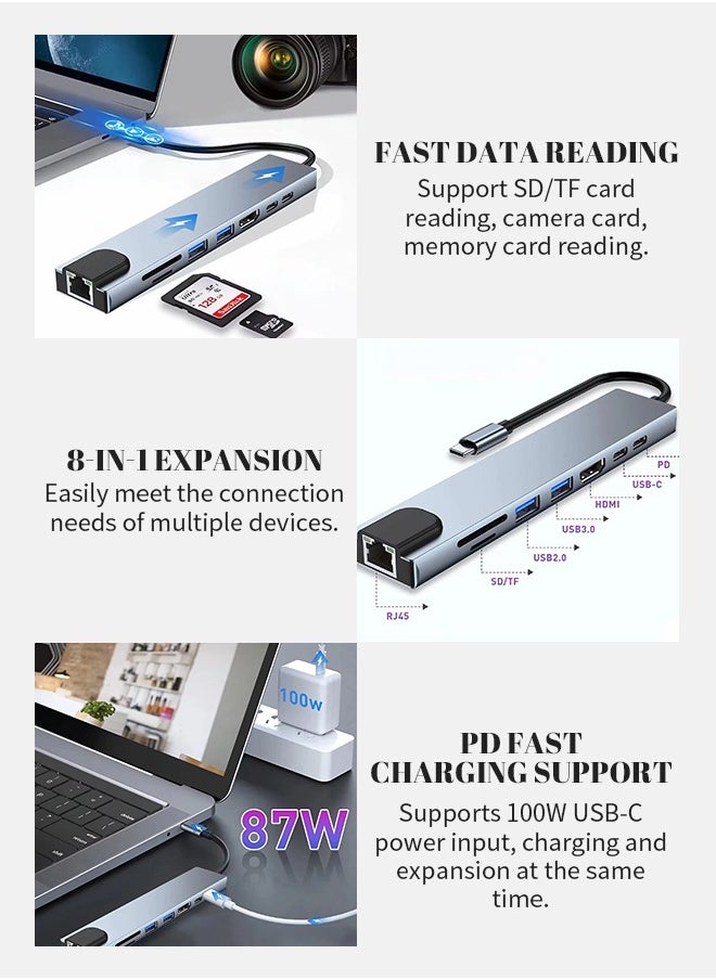 ماركة غير محددة - محول USB C HUB، محول USB C 8 في 1 مزود بمحول USB C بدقة 4K HDTV، و100 واط PD، ومنفذ USB C، وUSB 3.0، وRJ45 Ethernet، وقارئ بطاقات SD/TF، وقاعدة إرساء متوافقة مع أجهزة الكمبيوتر المحمول MacBook Pro/Air USB C وغيرها من الأجهزة من النوع C - Image 1