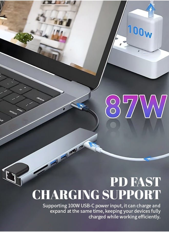ماركة غير محددة - محول USB C HUB، محول USB C 8 في 1 مزود بمحول USB C بدقة 4K HDTV، و100 واط PD، ومنفذ USB C، وUSB 3.0، وRJ45 Ethernet، وقارئ بطاقات SD/TF، وقاعدة إرساء متوافقة مع أجهزة الكمبيوتر المحمول MacBook Pro/Air USB C وغيرها من الأجهزة من النوع C - Image 1