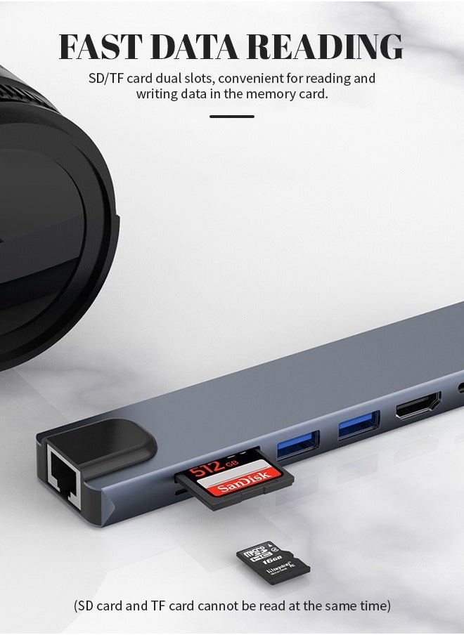 ماركة غير محددة - محول USB C HUB، محول USB C 8 في 1 مزود بمحول USB C بدقة 4K HDTV، و100 واط PD، ومنفذ USB C، وUSB 3.0، وRJ45 Ethernet، وقارئ بطاقات SD/TF، وقاعدة إرساء متوافقة مع أجهزة الكمبيوتر المحمول MacBook Pro/Air USB C وغيرها من الأجهزة من النوع C - Image 1