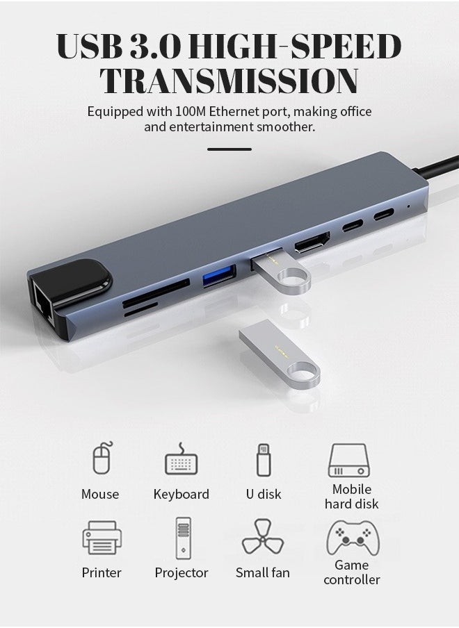ماركة غير محددة - محول USB C HUB، محول USB C 8 في 1 مزود بمحول USB C بدقة 4K HDTV، و100 واط PD، ومنفذ USB C، وUSB 3.0، وRJ45 Ethernet، وقارئ بطاقات SD/TF، وقاعدة إرساء متوافقة مع أجهزة الكمبيوتر المحمول MacBook Pro/Air USB C وغيرها من الأجهزة من النوع C - Image 1