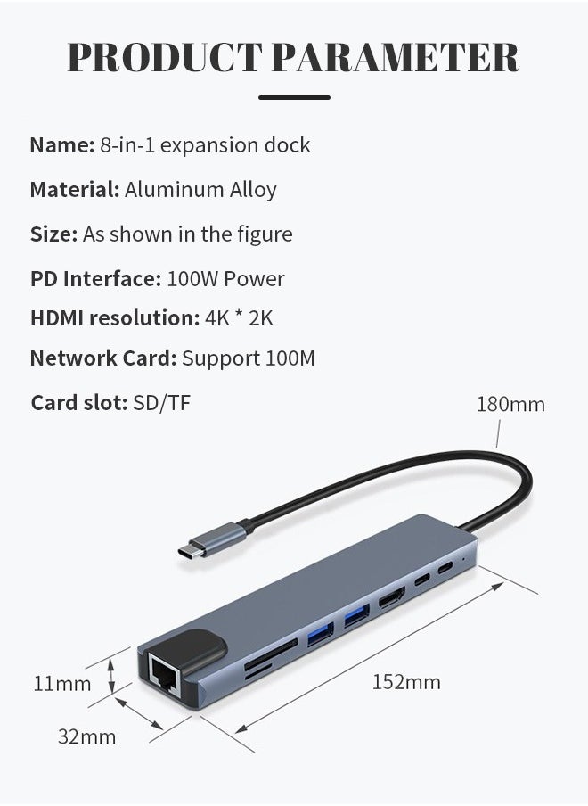 ماركة غير محددة - محول USB C HUB، محول USB C 8 في 1 مزود بمحول USB C بدقة 4K HDTV، و100 واط PD، ومنفذ USB C، وUSB 3.0، وRJ45 Ethernet، وقارئ بطاقات SD/TF، وقاعدة إرساء متوافقة مع أجهزة الكمبيوتر المحمول MacBook Pro/Air USB C وغيرها من الأجهزة من النوع C - Image 1