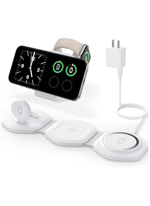 Foldable 3-in-1 Magnetic Wireless Charging Station for Apple Devices - Travel Charger Pad for MagSafe iPhone 16 15 14 13 12 Pro Max, Apple Watch, and AirPods