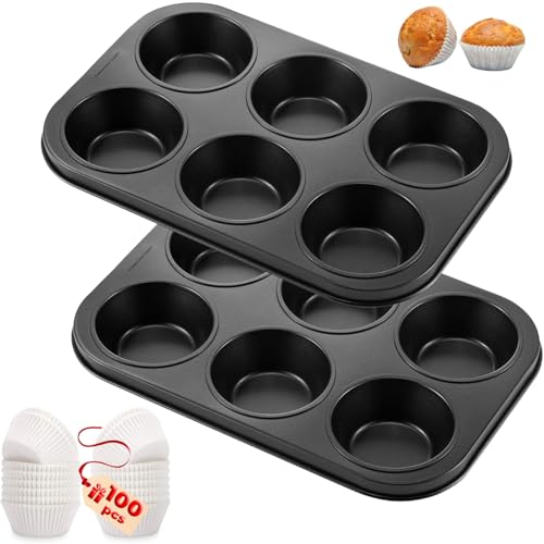PureBake Muffin Pan Set - 6 Cavity Muffin Moulds for Baking with 100 Muffin Liners - Microwave and OTG Safe Cupcake Tray, Muffin Baking Tray for Microwave Oven, Cake & Cupcake Molds - Pack of 2 - Image 1