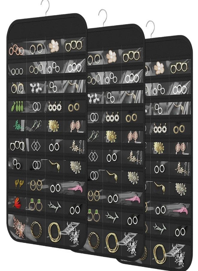 Earssa 3PCS Hanging Jewelry Organizer with 80 Pocket Double-Sided Jewelry Holder Storage Wall Door Closet Accessories Organizer for Earrings, Necklaces, Rings (Black) - Image 1